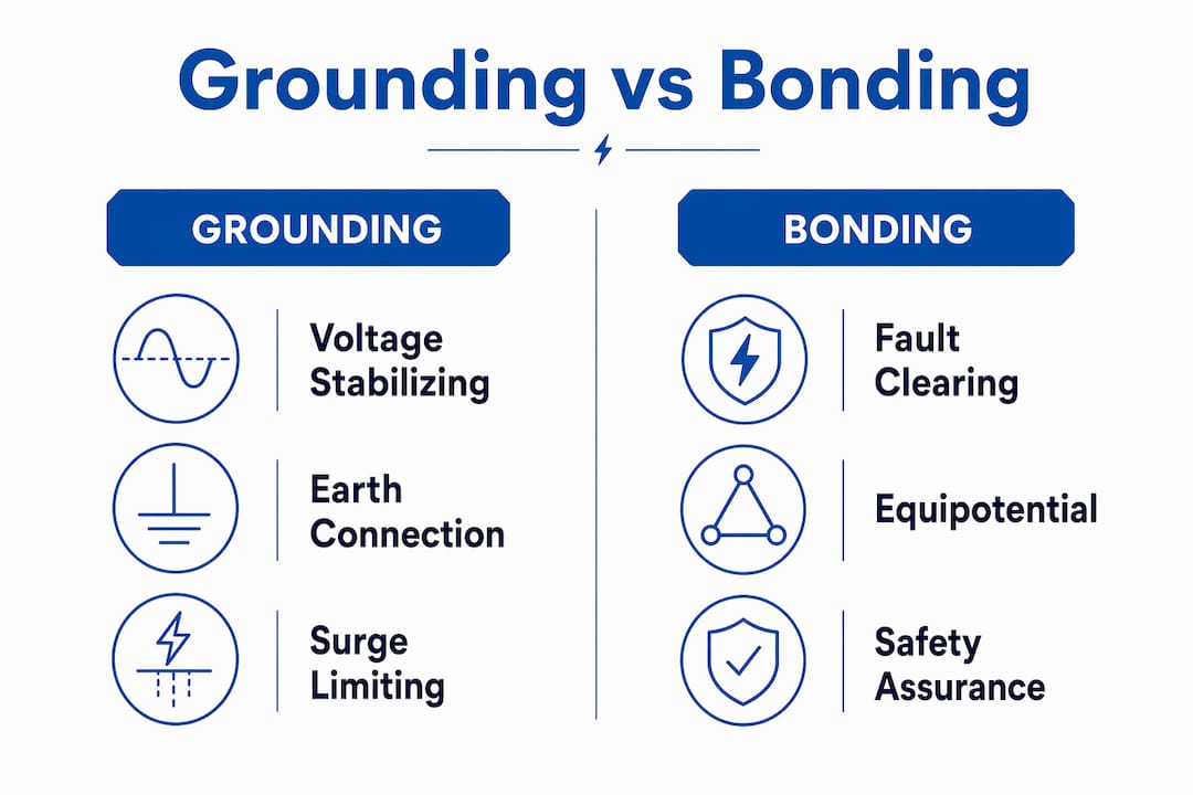 Infographic comparing grounding and bonding key functions