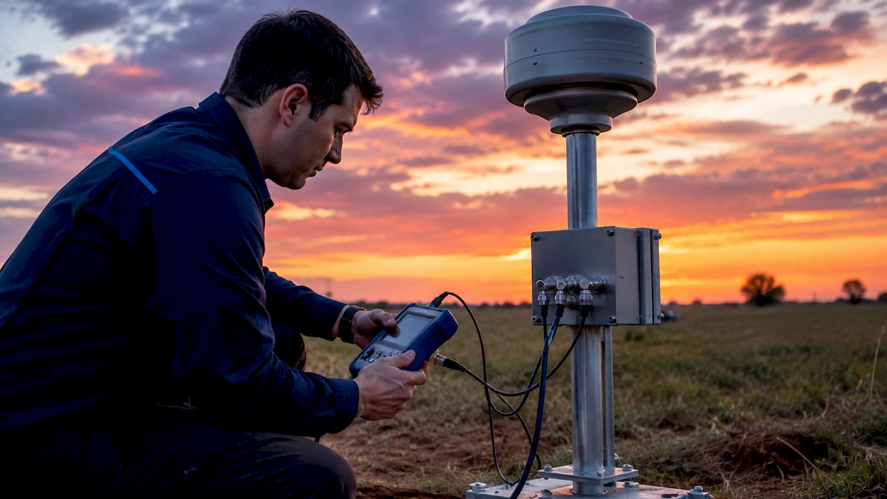 Technician calibrating electric field lightning sensor
