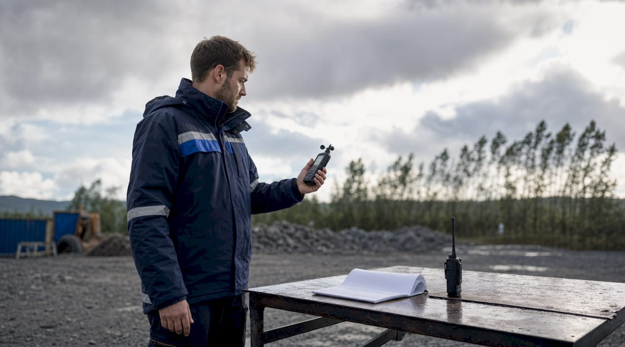 Hands using weather monitoring device at worksite