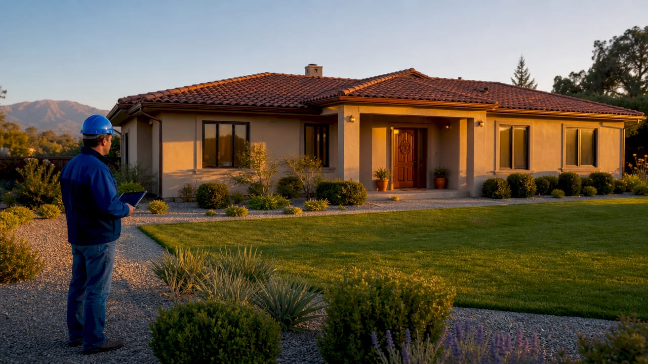 Home with two-zone defensible space landscaping