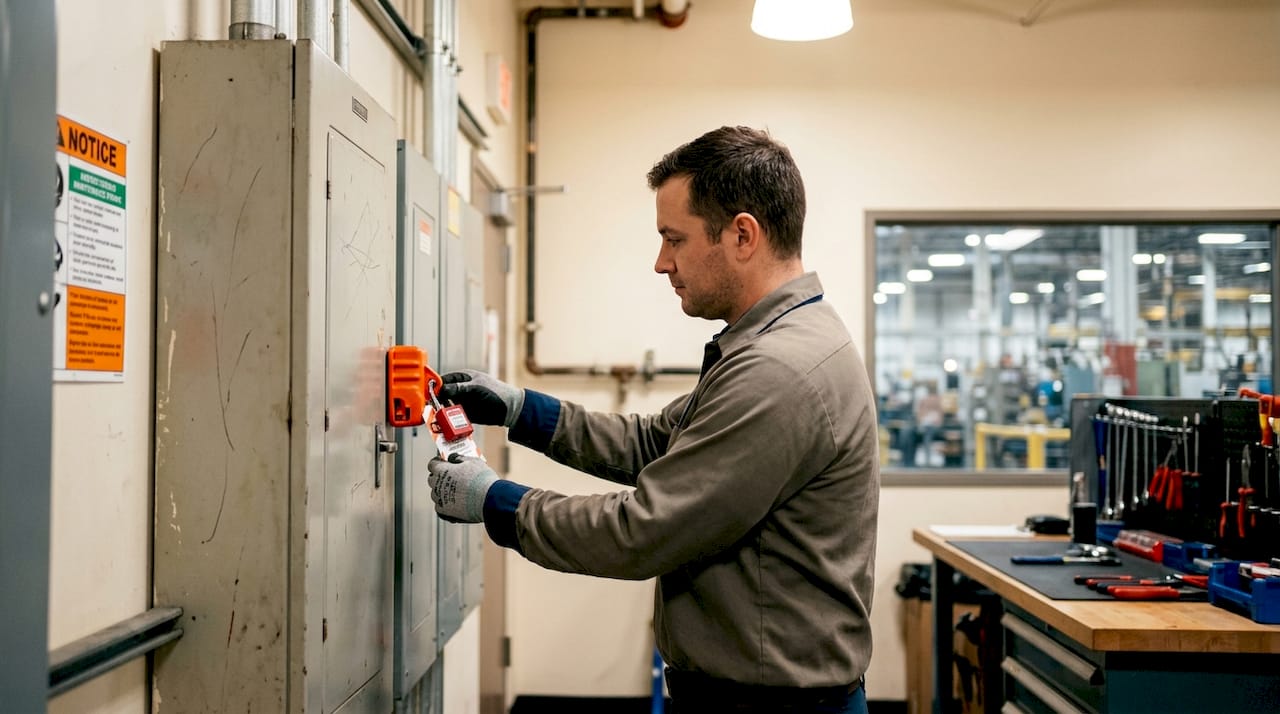 Hands locking electrical panel with lockout device