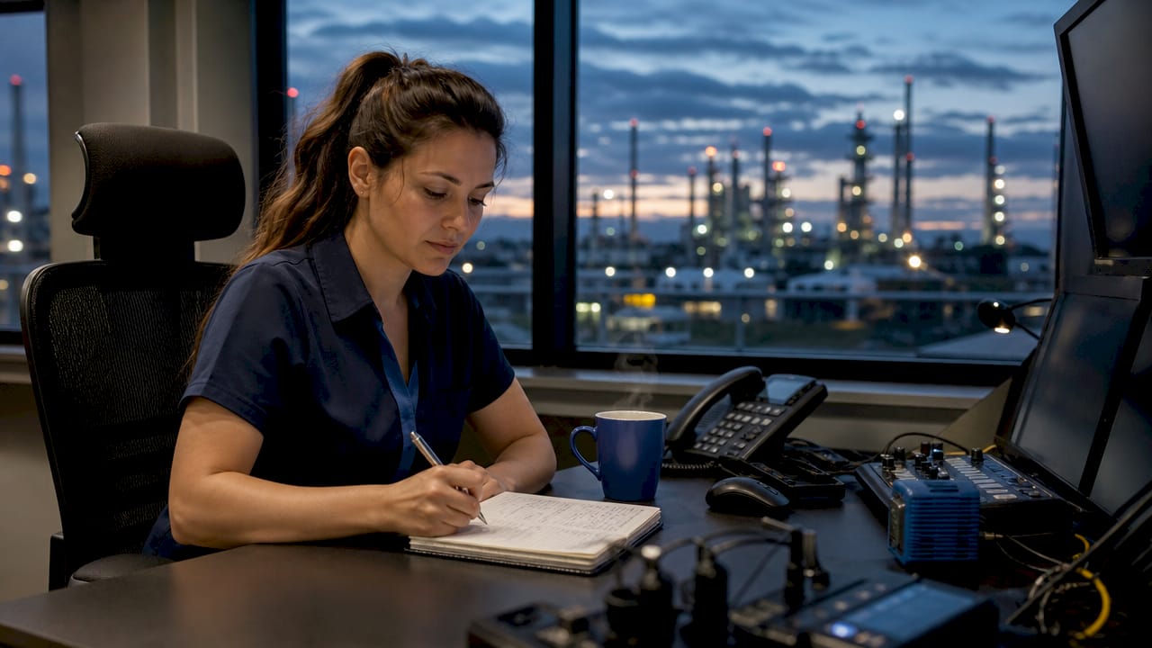 Security operator working in industrial control room
