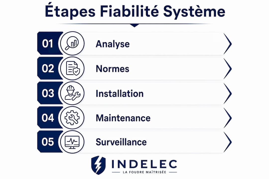 Infographie présentant les étapes essentielles pour garantir la fiabilité d’un système d’éclairage.