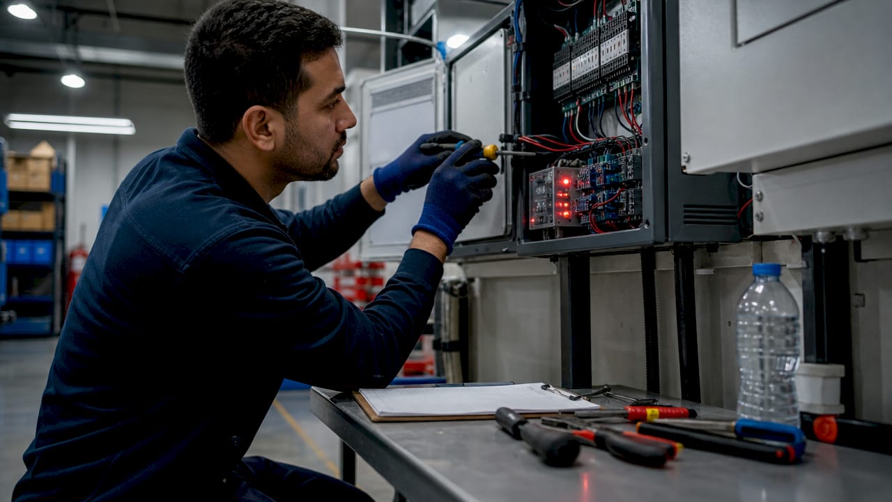 Technician adjusting fire alarm panel in mechanical room