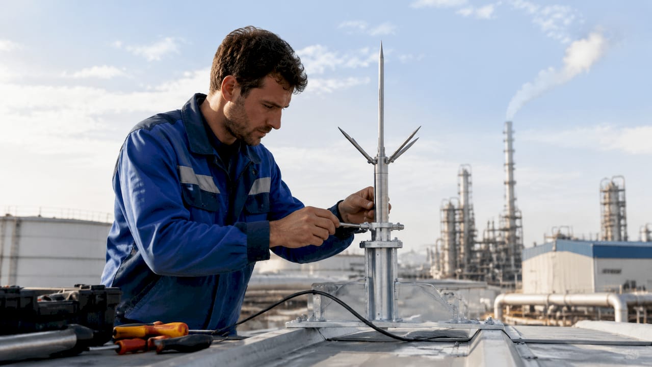 Pose d’un paratonnerre sur le toit d’un bâtiment industriel, réalisée par des techniciens spécialisés.
