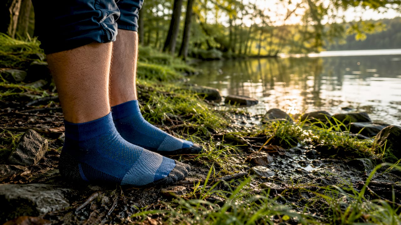Close-up of bare feet on moist grass and soil
