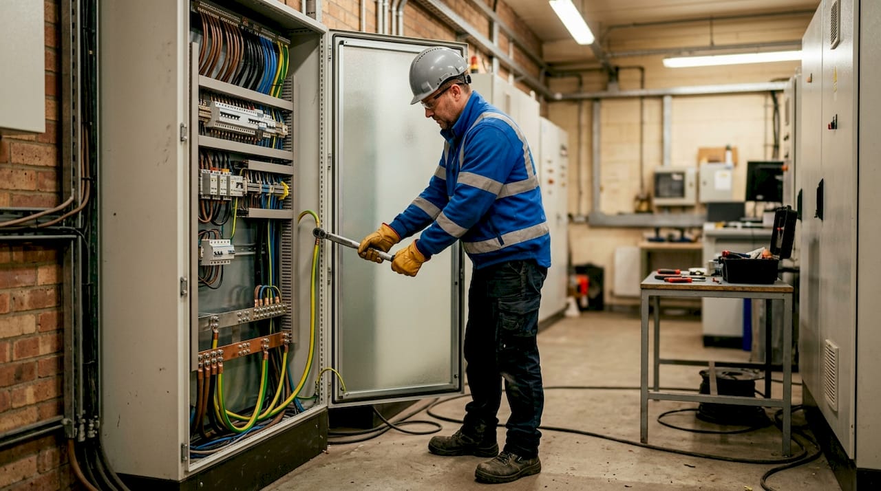 Un électricien en train de resserrer la connexion de la mise à la terre