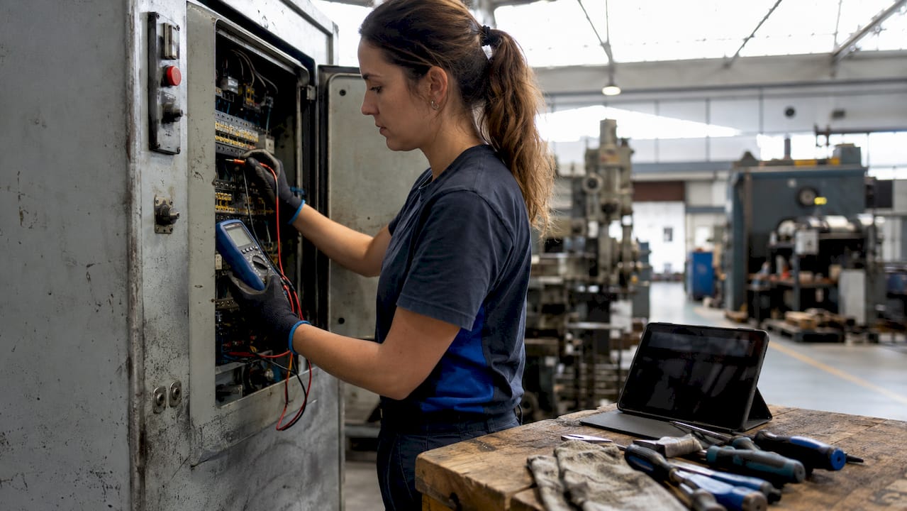 Hands measuring industrial equipment parameters
