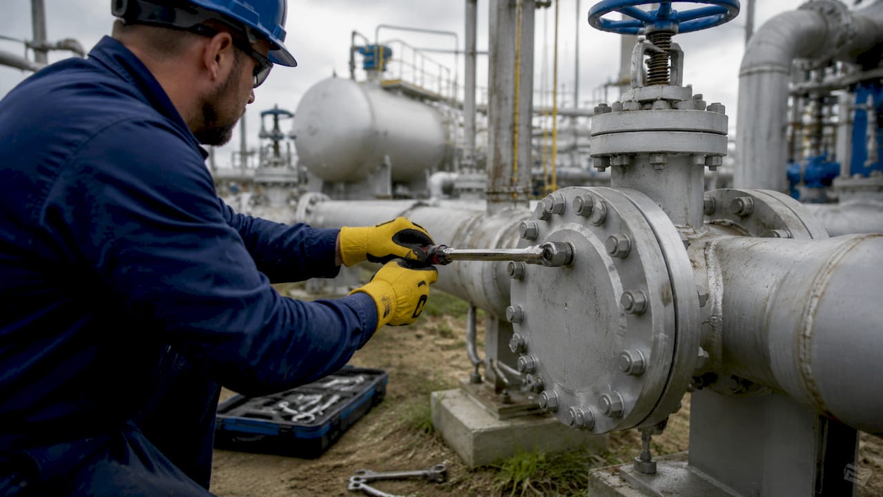Hands adjusting industrial pipe flange bolt