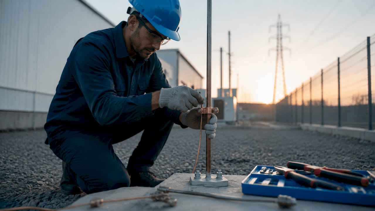 Technician attaching grounding clamp to conductor rod