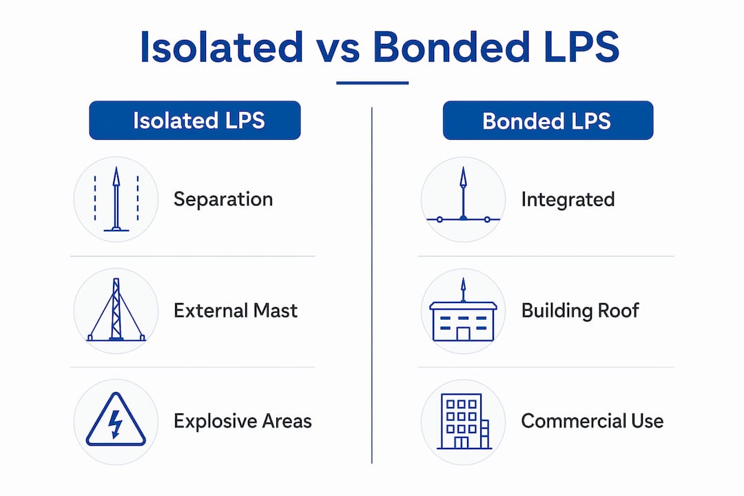 Infographic comparing isolated and bonded lightning protection systems