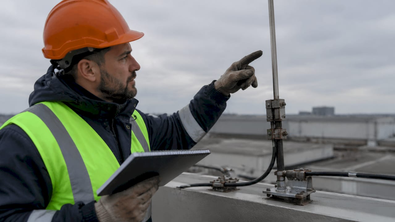 Un technicien procède à la vérification du système de protection contre la foudre.