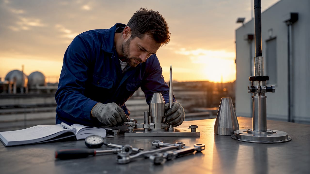 Un technicien examine minutieusement un paratonnerre sur une paillasse de laboratoire.
