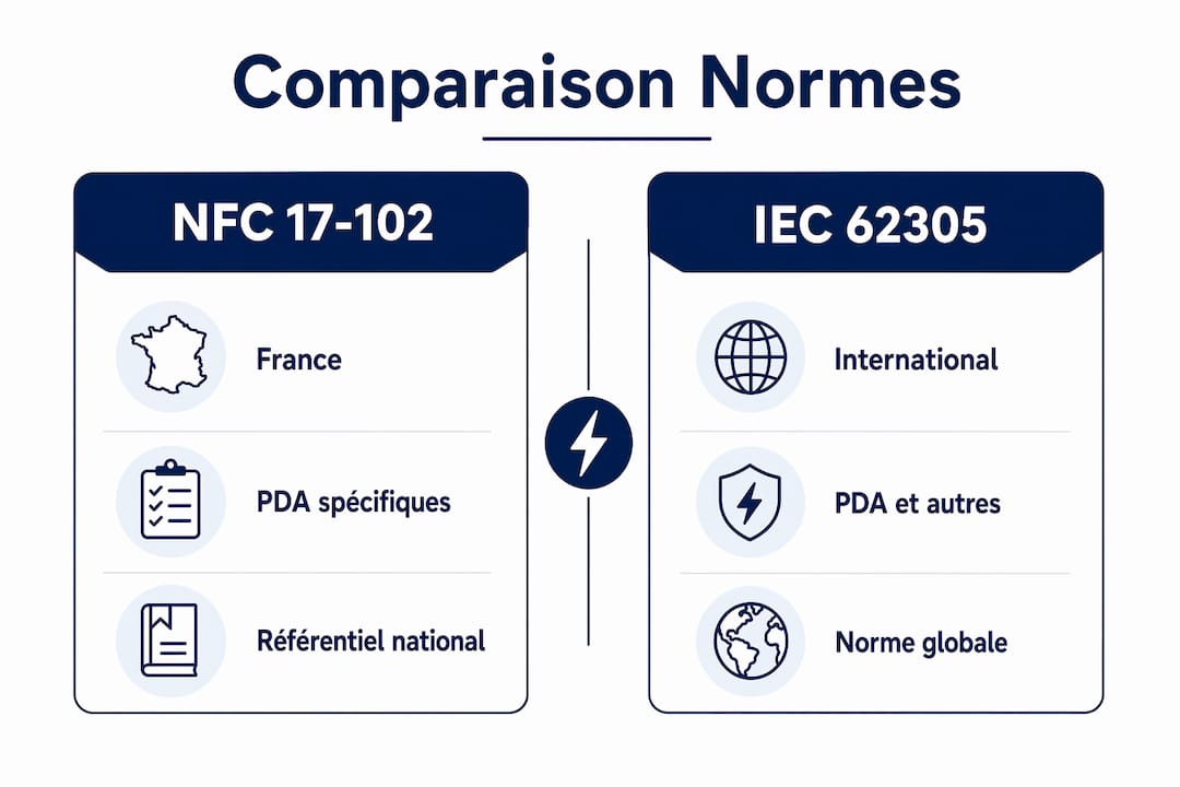 Infographie : mise en parallèle des normes NFC 17-102 et IEC 62305