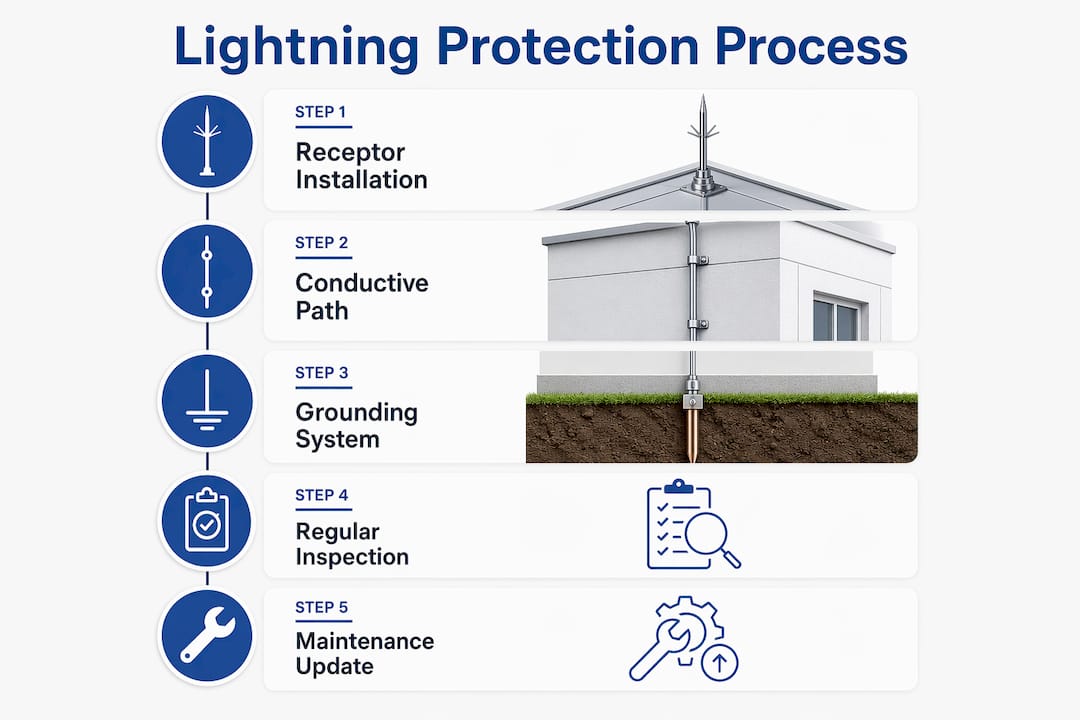 Infographic illustrating wind turbine lightning protection steps