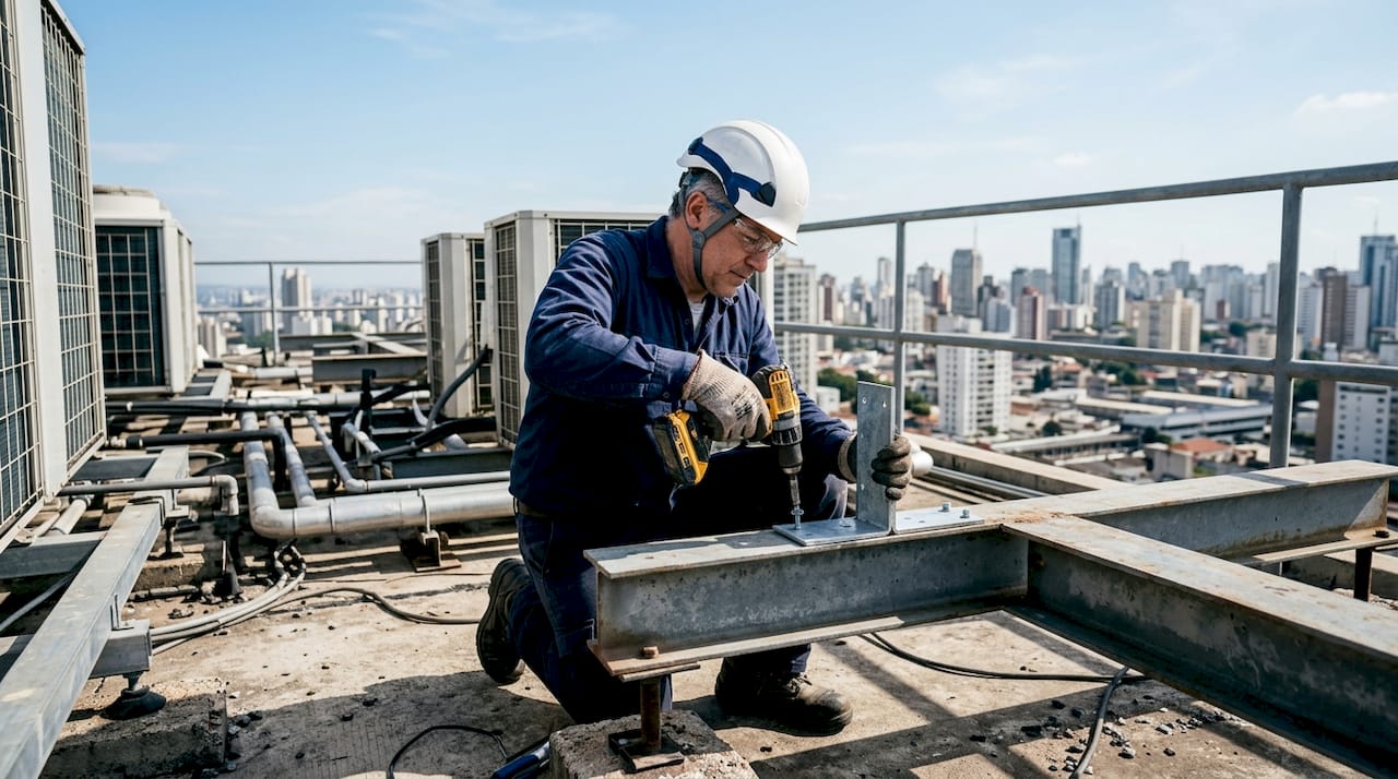 Engineer installing rooftop equipment support