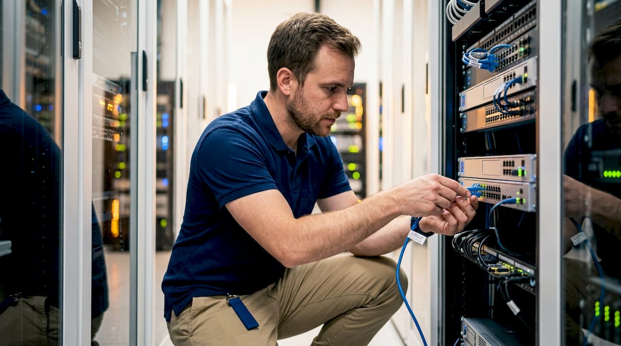 IT specialist integrating security hardware in server room