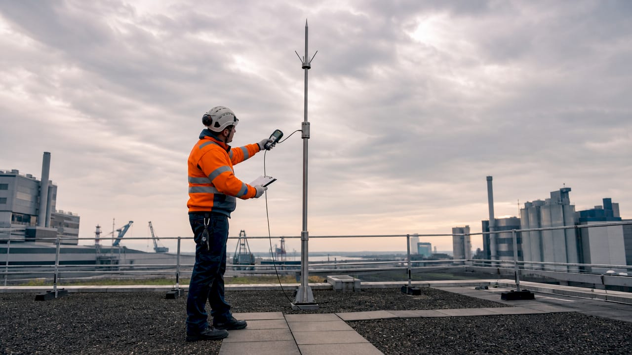Un technicien procède à l’inspection du système de paratonnerre directement sur le terrain.