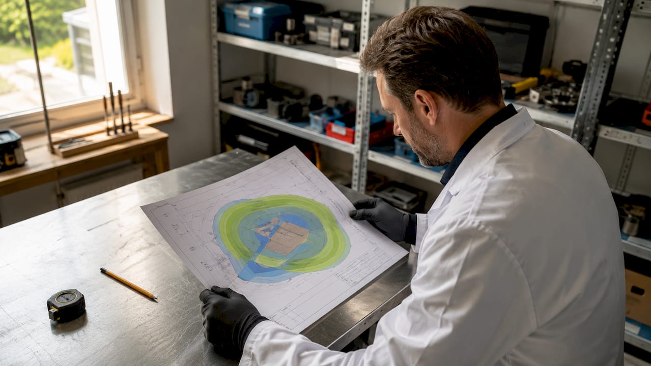 Un ingénieur examine attentivement un schéma de protection contre la foudre, prêt à en analyser chaque détail.