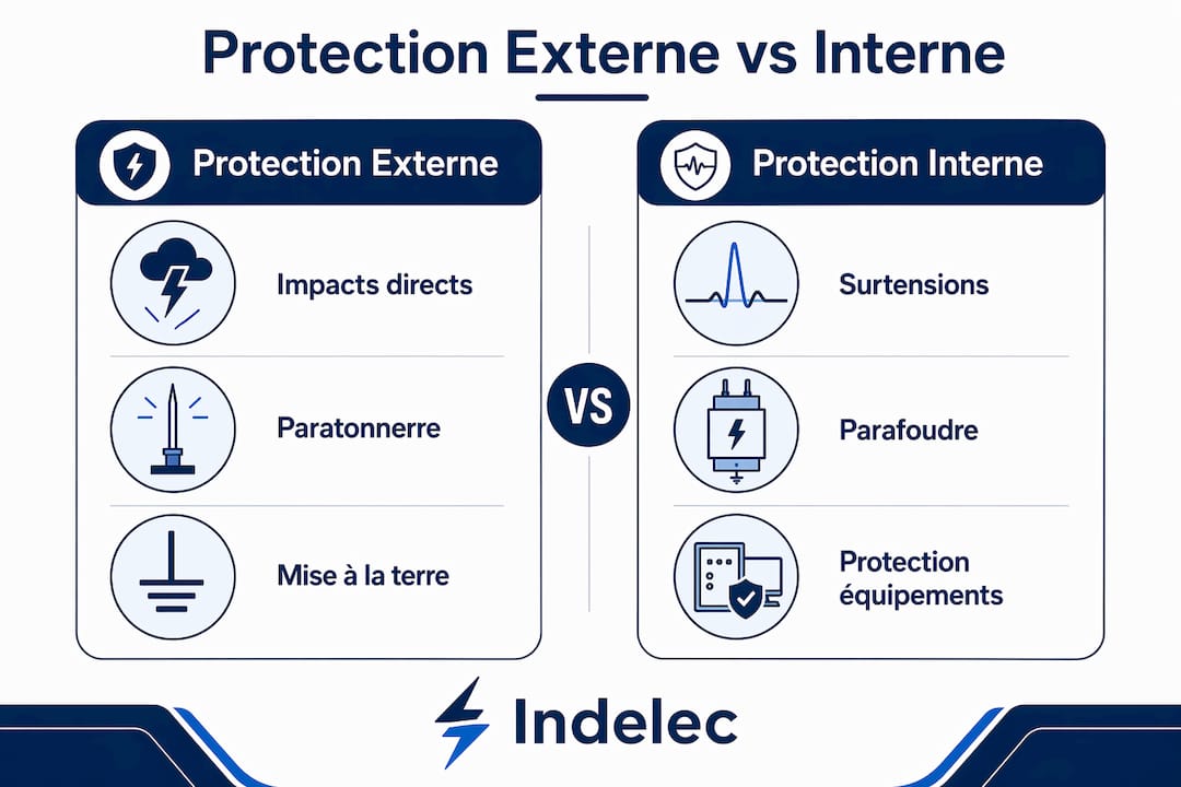 Illustration comparative des dispositifs de protection contre la foudre : solutions extérieures versus mesures intérieures
