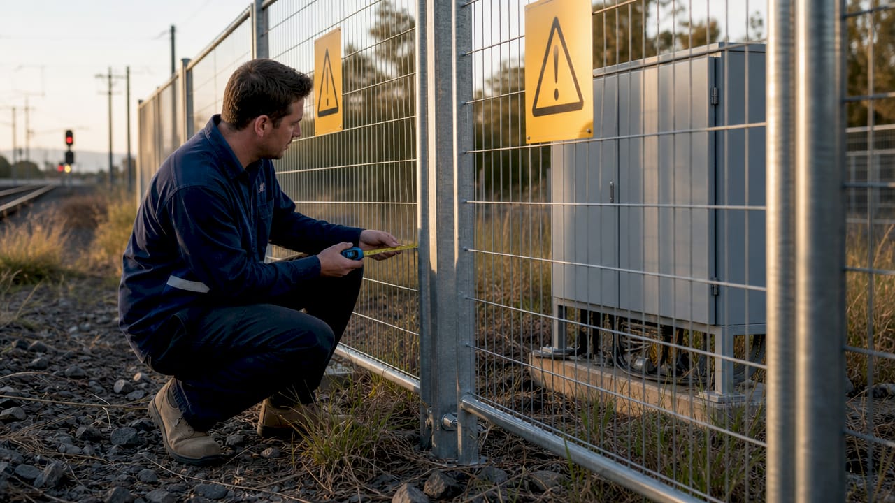 Railway fencing and secured trackside infrastructure outdoors