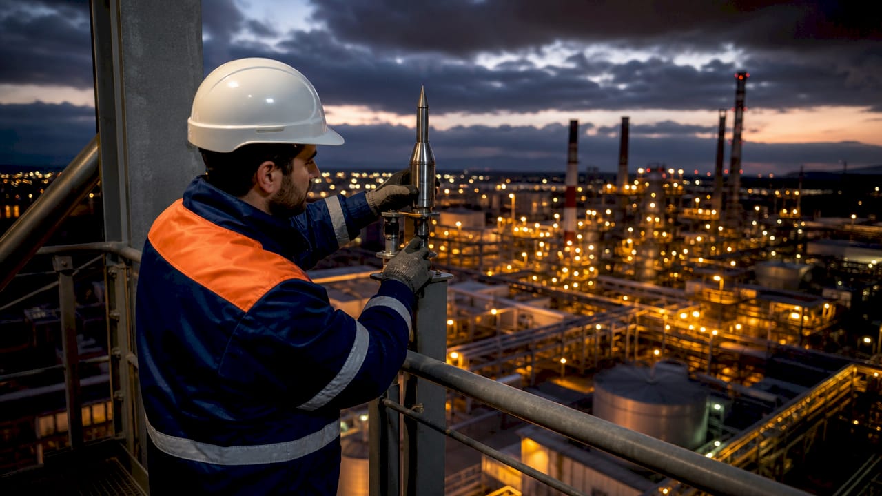 Un technicien contrôle le bon fonctionnement d’un système de protection contre la foudre dans un environnement industriel.