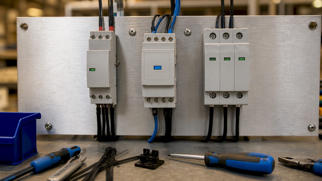 Close-up of three industrial surge protective devices
