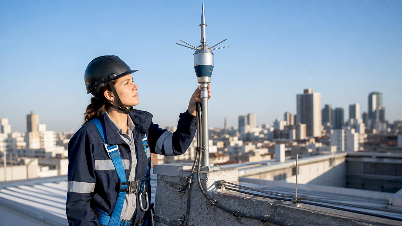 Technician inspecting lightning protection system rooftop
