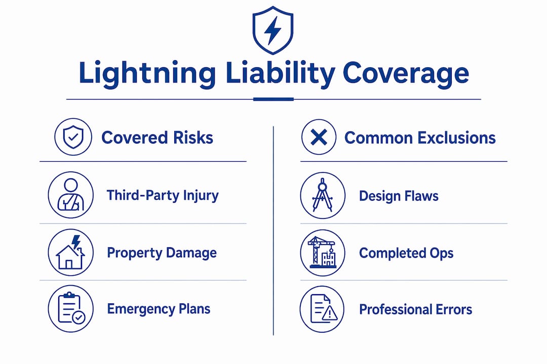 Infographic comparing lightning liability insurance coverage and exclusions
