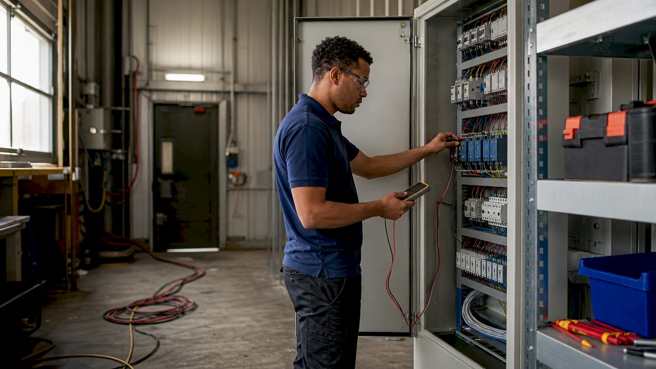 Un ingénieur contrôle l'isolation électrique d'un tableau pour garantir la sécurité et le bon fonctionnement de l'installation.