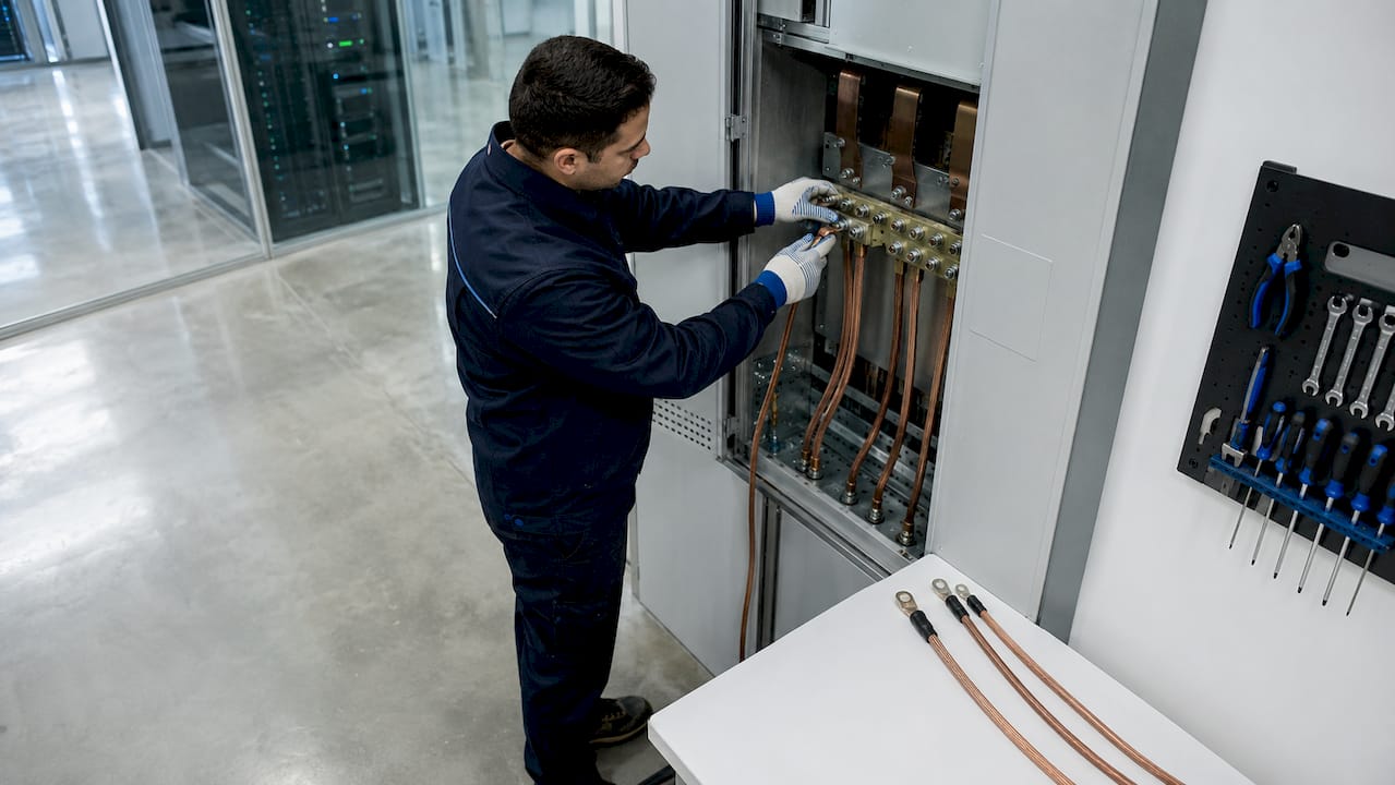 Technician connecting grounding cables in data center