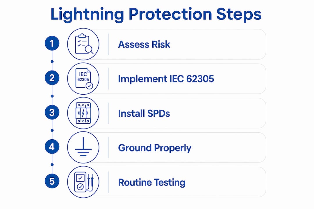 Infographic illustrating lightning protection steps in data centers