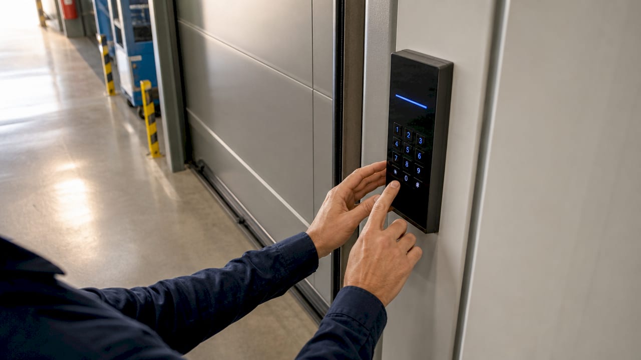 Des mains en train de manipuler un panneau de contrôle d'accès électronique