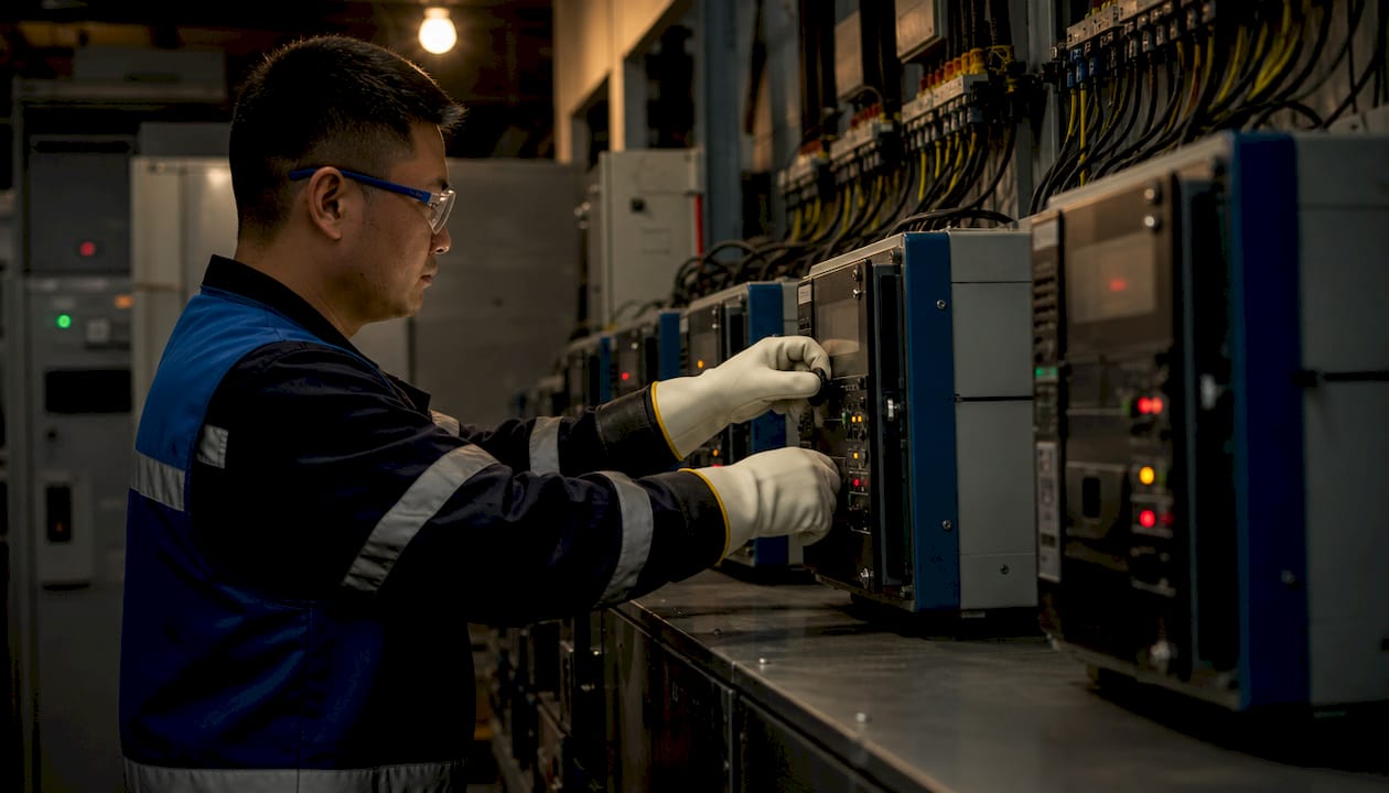 Technician adjusting protective relays in control room