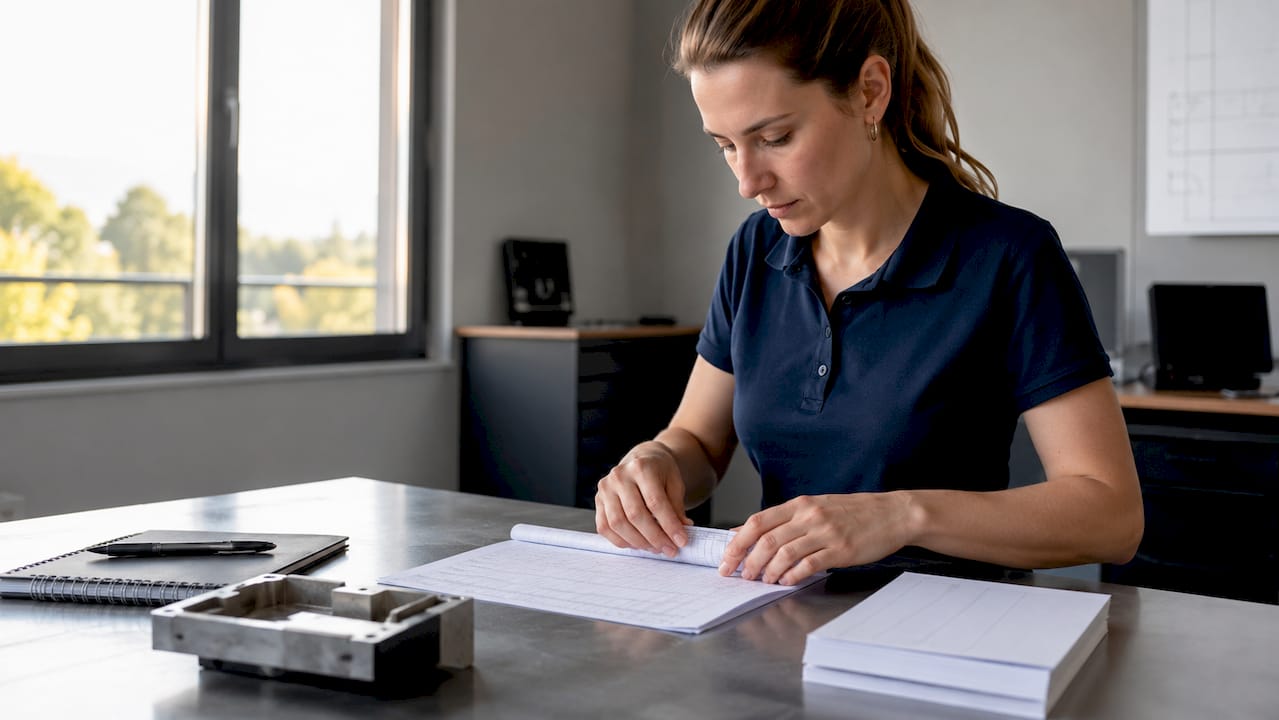 Des mains trient et classent des dossiers remplis de relevés météorologiques et de documents liés à l’étude de terrain.