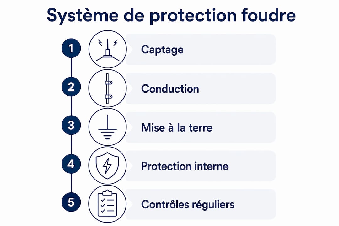 Schéma illustrant les différentes étapes de la mise en place d’un système de protection contre la foudre