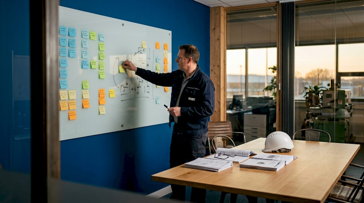 Un responsable maintenance en train d’organiser ses interventions sur un tableau blanc.