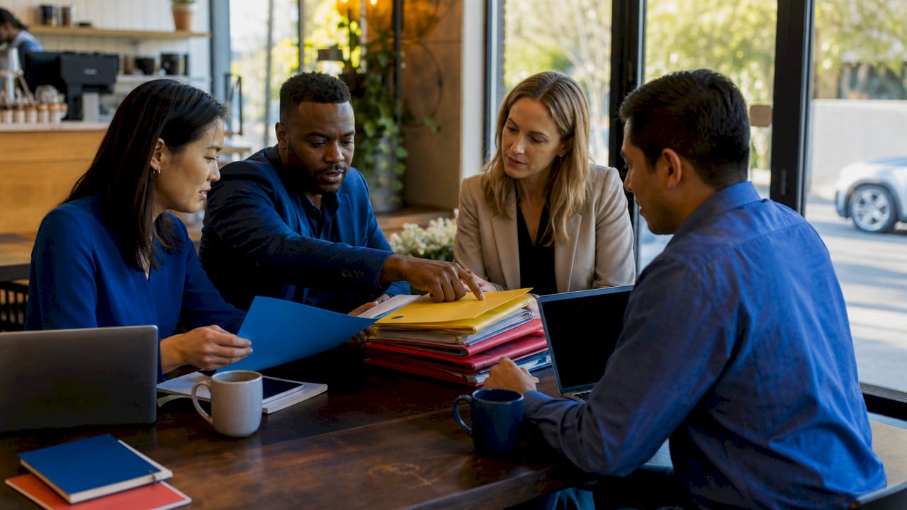 Team categorizing business assets with folders and tablet