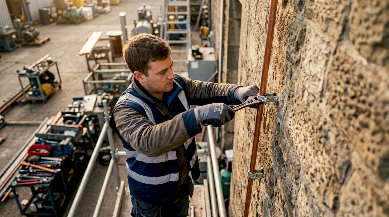 Hands fixing down conductor clamp on building exterior