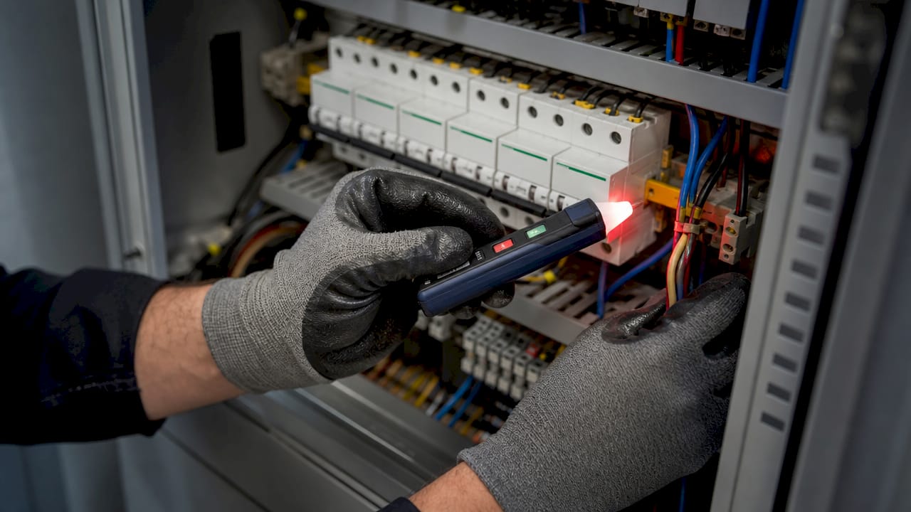Un électricien contrôle la tension électrique en portant des gants de protection.
