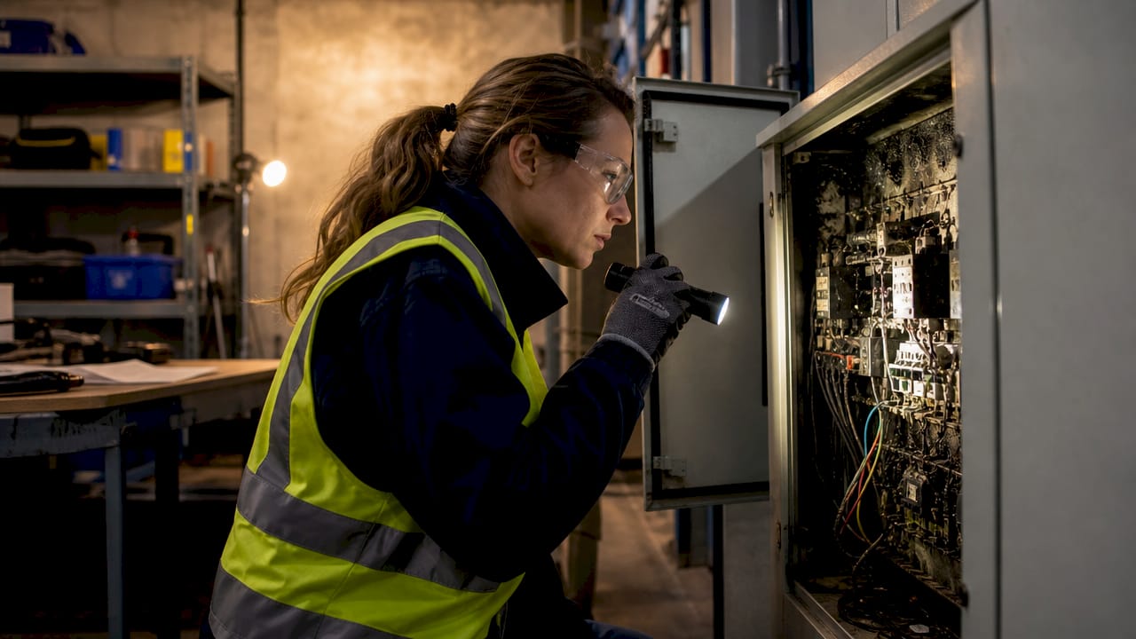 Engineer inspecting electrical surge damage indoors
