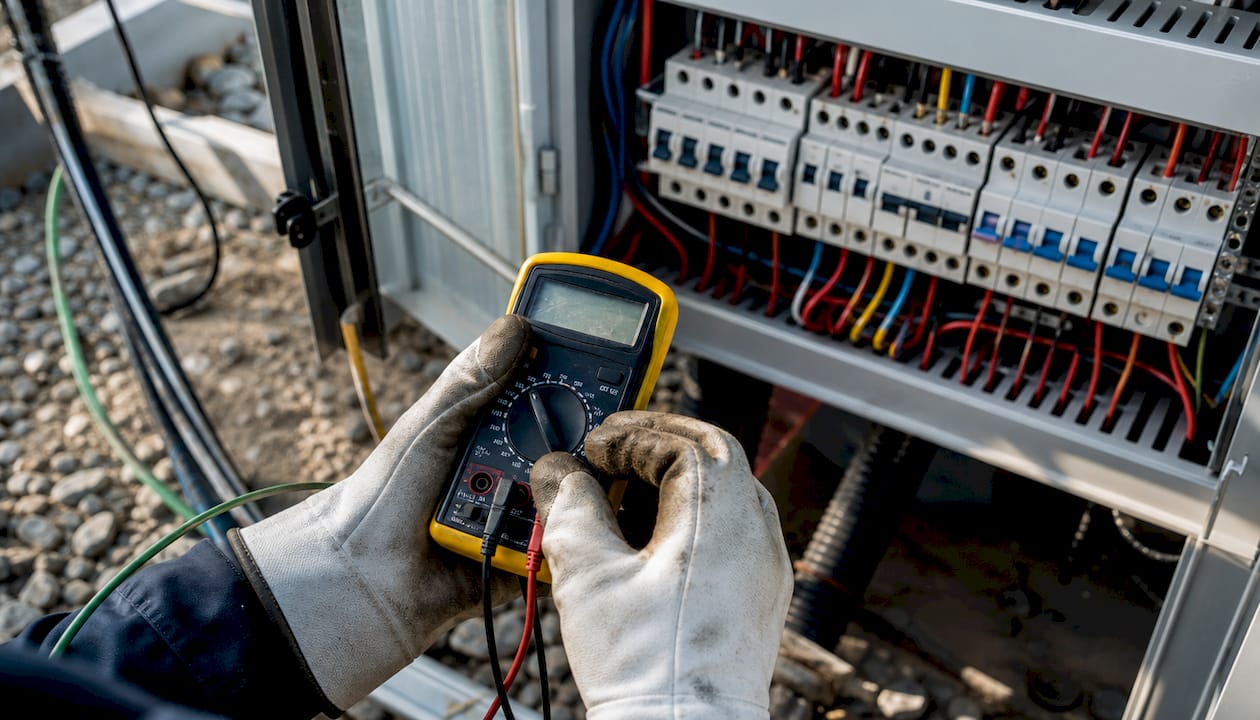 Zoom sur les mains d’un technicien en train de prendre des mesures électriques