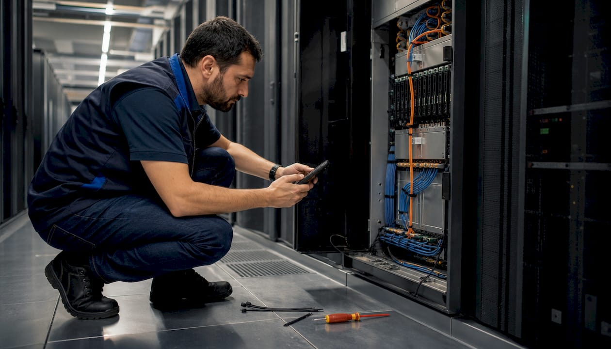 Technician inspecting networked security panel