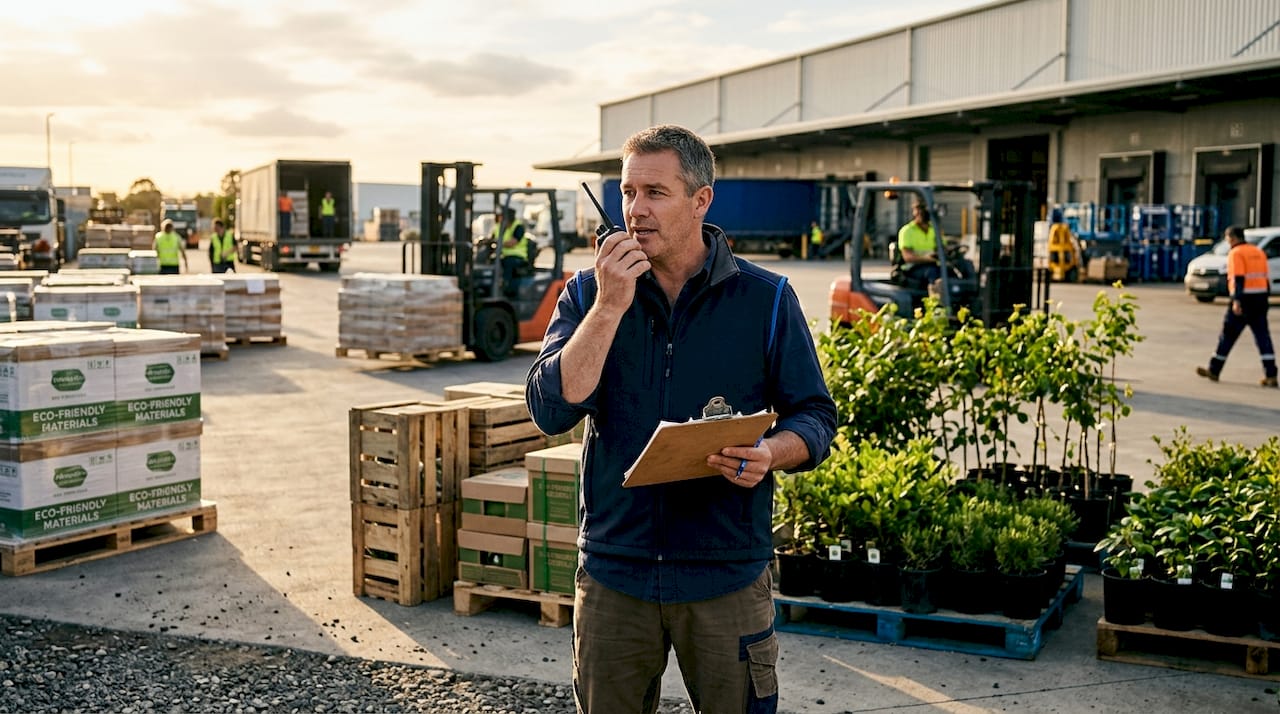 Logistics manager coordinating eco-friendly materials shipment in warehouse