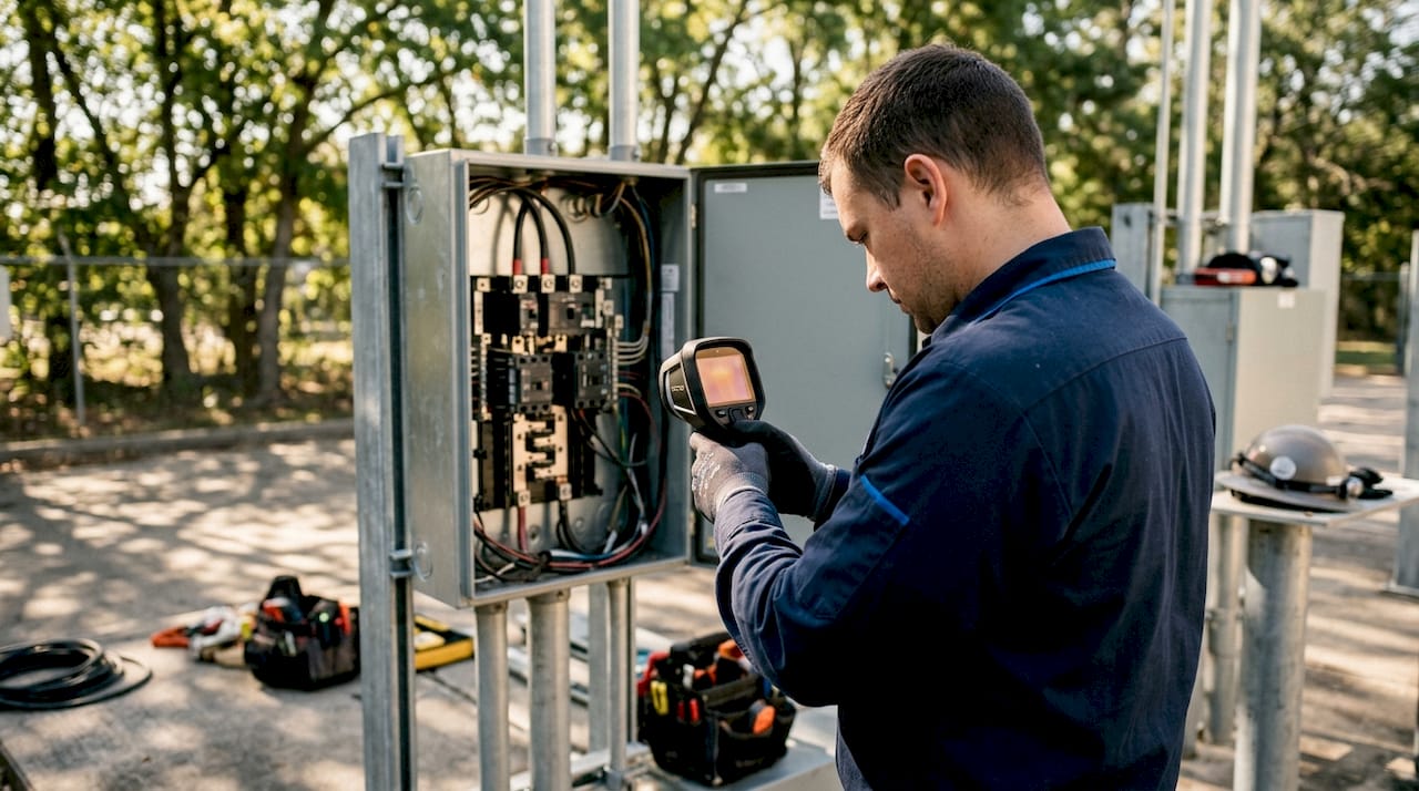 Technician performing thermal imaging scan on panel
