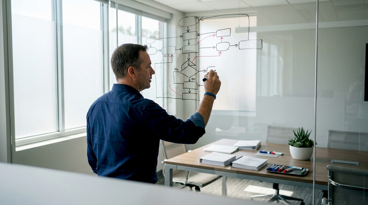 Engineer drawing process map on whiteboard