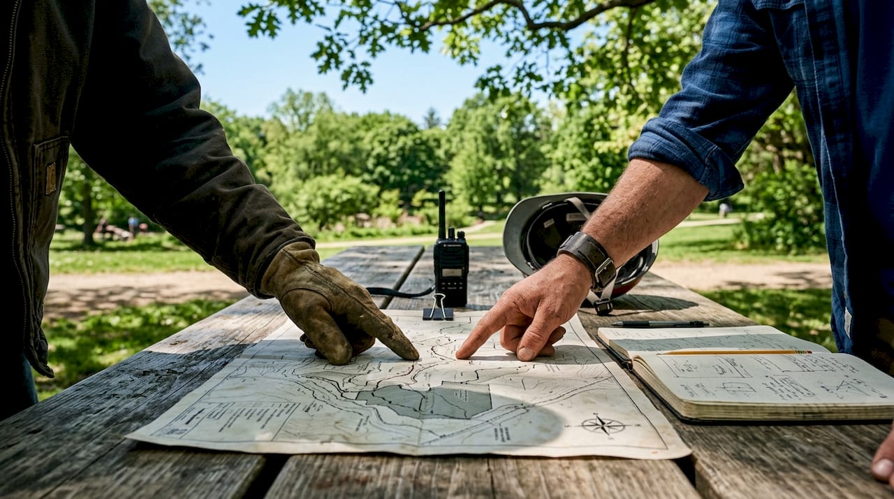 Hands pointing at site map during lightning drill planning