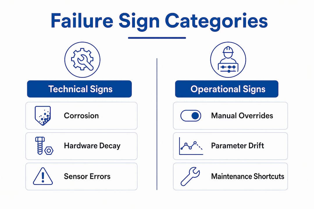 Infographic comparing technical and operational failure signs