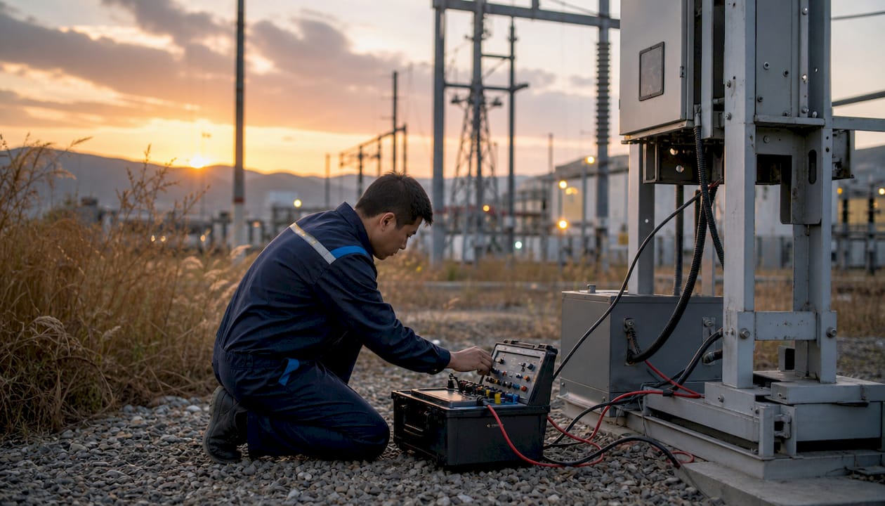 Technician performing dynamic testing on protection relay equipment