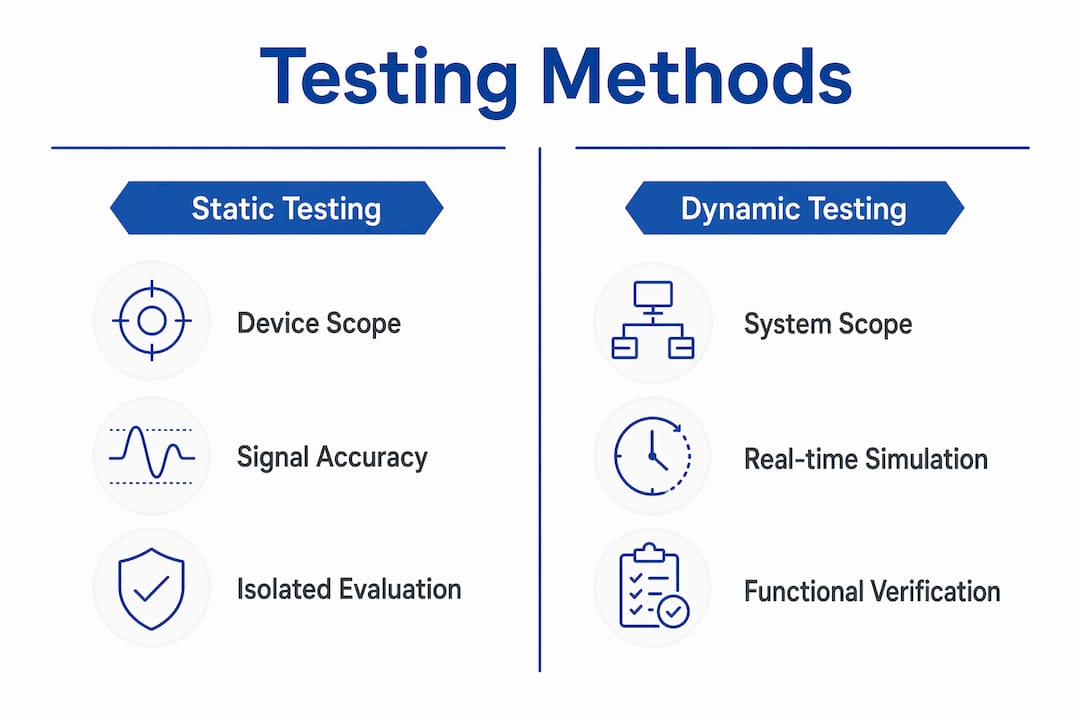 Infographic comparing static and dynamic protection system testing methods